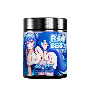 Black supplement jar with a blue label showing detailed nutritional facts and usage instructions on the back.