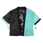 Black and turquoise kimono with white interior and exterior designs and a snake scale finish