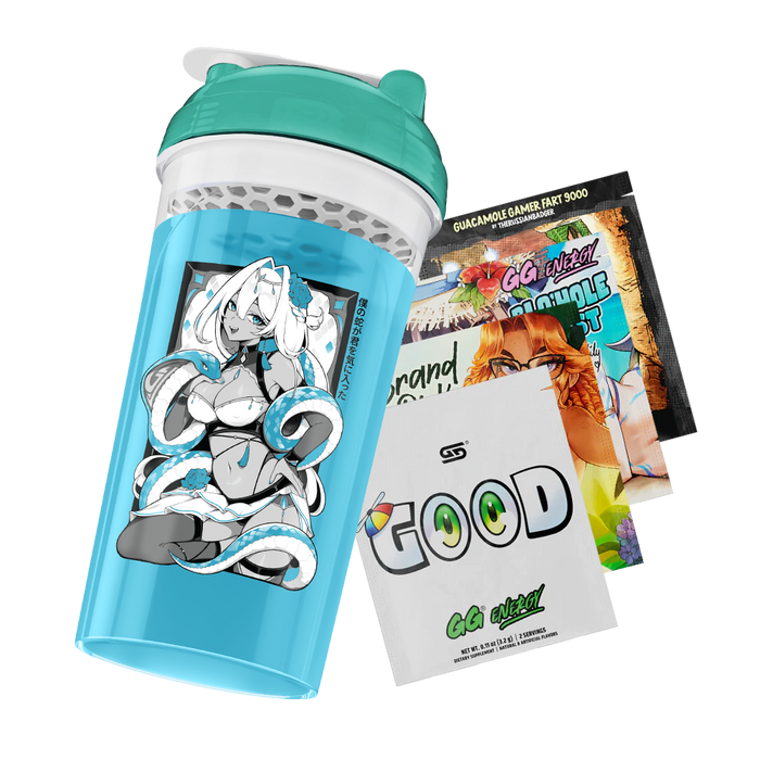 Blue and teal shaker bottle with cartoon design