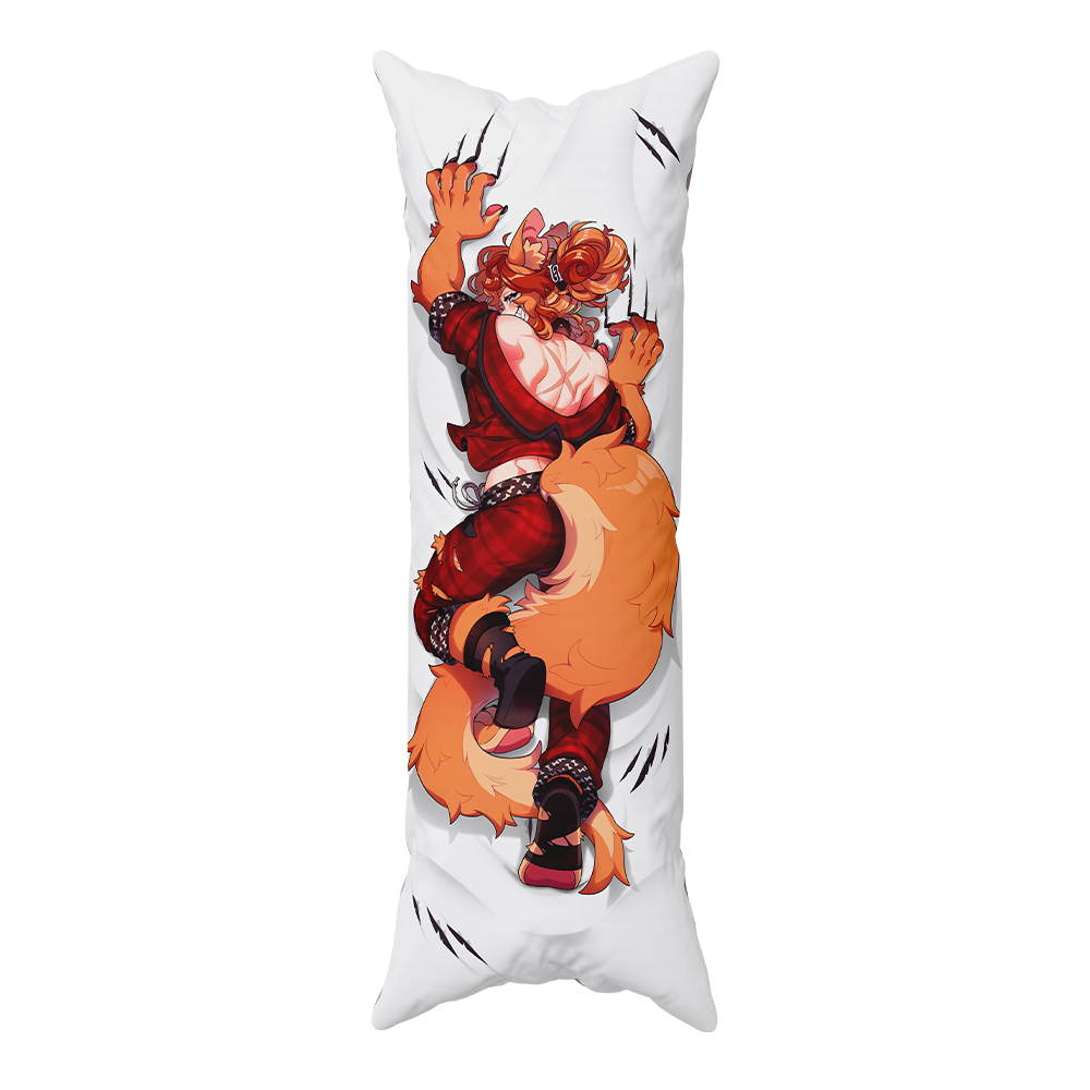 A long white body pillow featuring a detailed graphic print of an anime character with orange fur, red clothing, and clawed hands, shown against a plain white background.