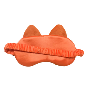 An orange cat-themed sleep mask with plush ears and a ruffled elastic band, shown against a plain white background.