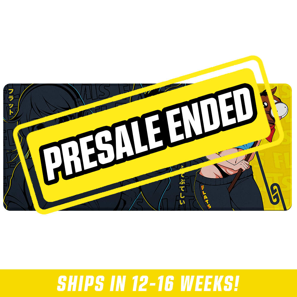 Anime girl in blue crop top and black pants holding a brown hobby horse on a yellow background.