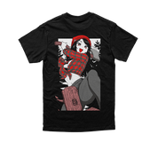 Black t-shirt sizing chart showing measurements for chest, hem, sleeve, length, cuff, and shoulder from S to 6XL.