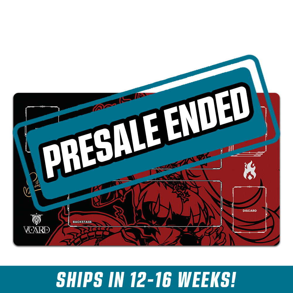 Black and red playmat featuring a stylized character with floral and flame motifs and labeled card zones.