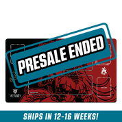 Black and red playmat featuring a stylized character with floral and flame motifs and labeled card zones.