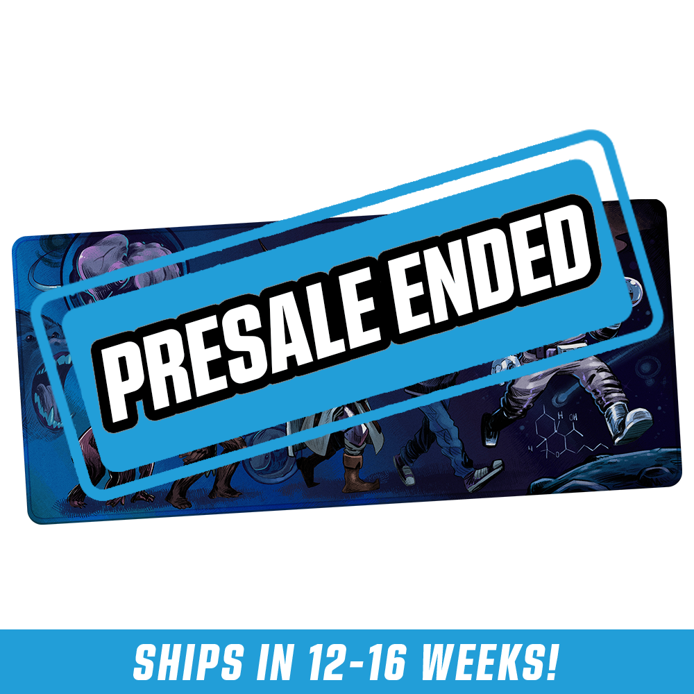 Blue mousepad featuring an evolution-themed design with humanoid figures wearing VR headsets progressing to an astronaut.