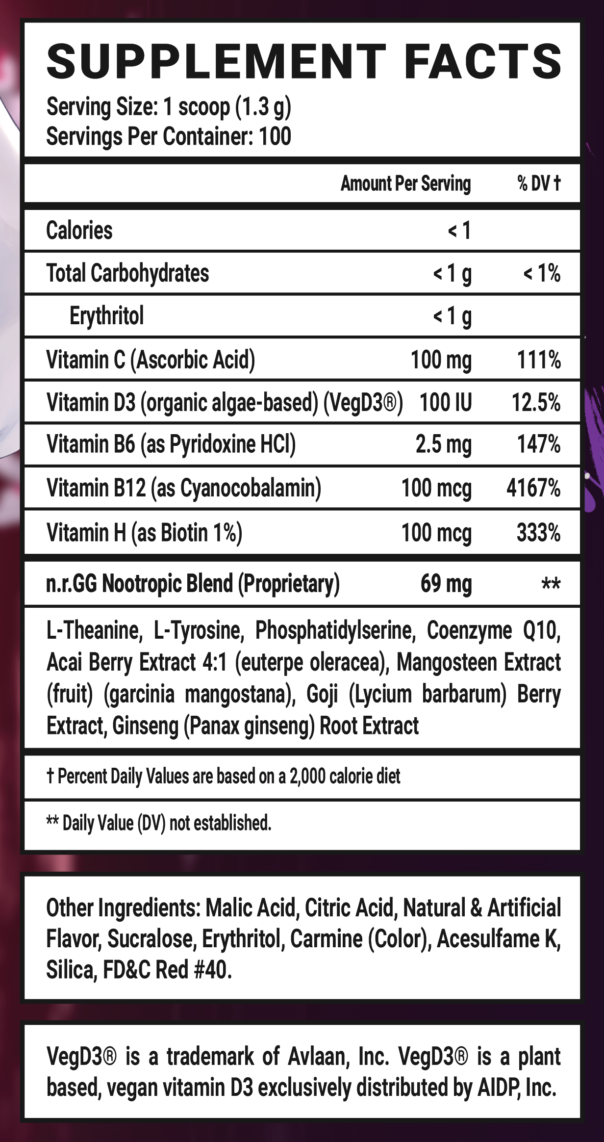 Vei's Bloodlust GG Caffeine Free - 100 Servings Nährwertangaben anzeigen