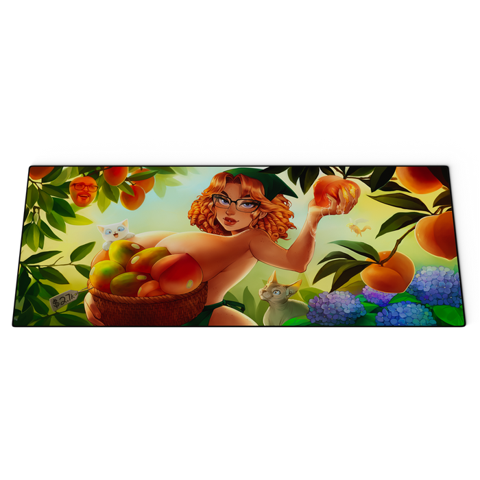 Mouse pad featuring a vibrant illustration of a red-haired woman with glasses holding peaches surrounded by cats and flowers.