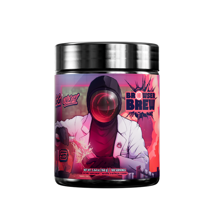 Black supplement container with detailed white nutrition facts and red and purple label accents from Gamer Supps.