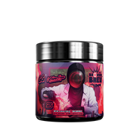 Round black container with a silver lid and detailed supplement facts and directions on a pink and purple label wrap.