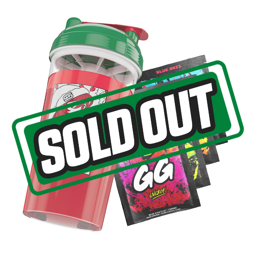 Clear shaker bottle with green lid, red flip cap, and bold black stylized "GD" logo on the side