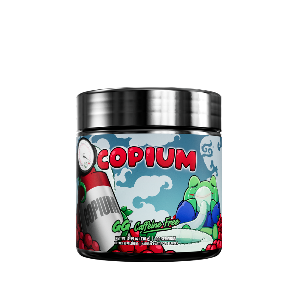 Black container with a blue label showing detailed supplement facts and directions for Copium Caffeine Free powder.