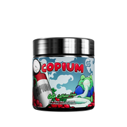 Black container with a blue label showing detailed supplement facts and directions for Copium Caffeine Free powder.