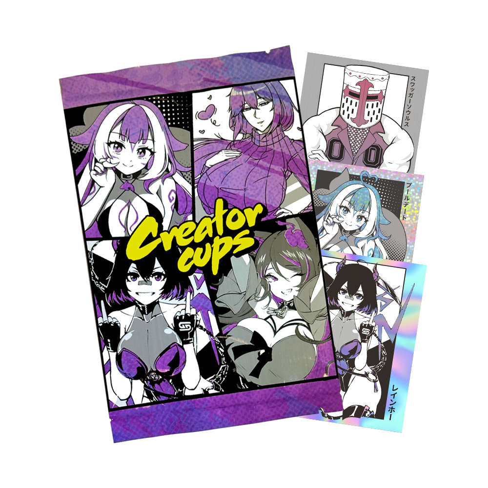 Sticker packs featuring anime-style characters with purple and black outfits and yellow "Creator cups" text on the cover.