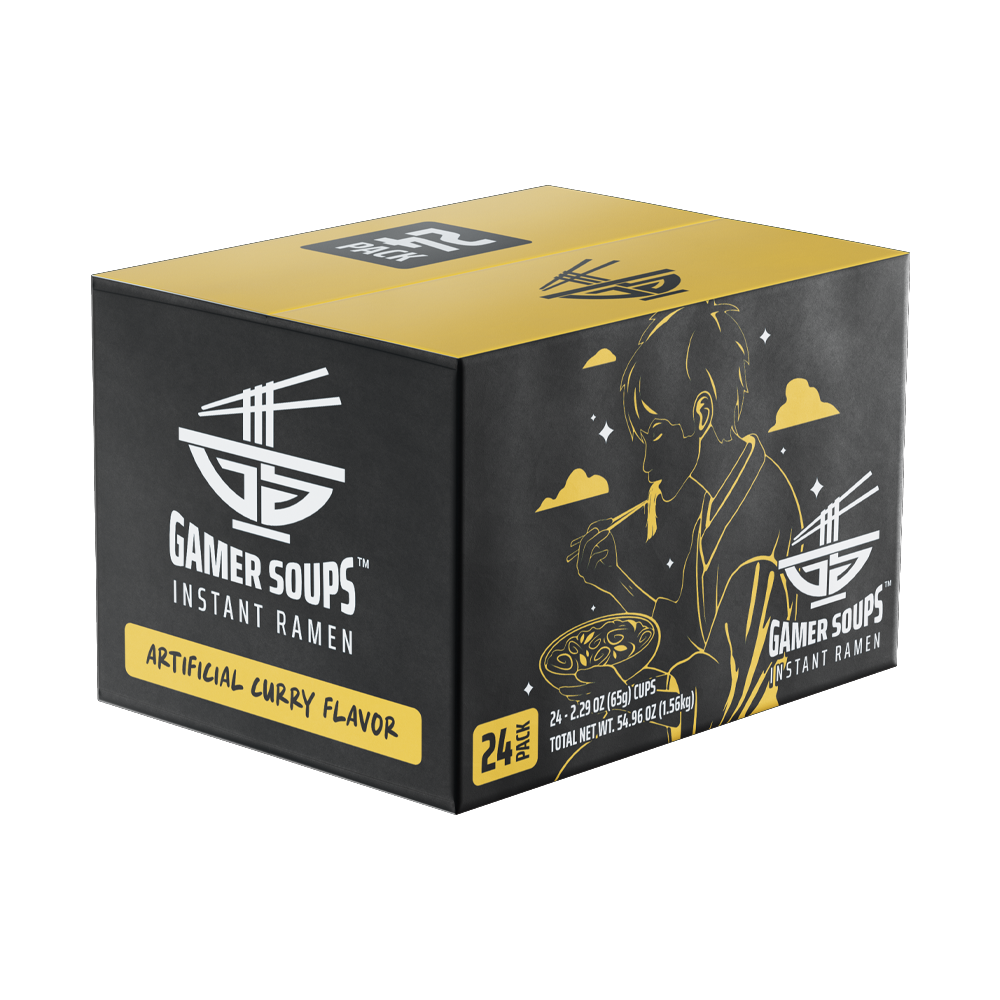 Black and yellow label with white chopsticks over bowl logo and "Artificial Curry Flavor" text on instant noodles packaging.