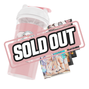Clear plastic shaker cup with a white lid, pink flip cap, and bold black stylized "GD" logo on the side.