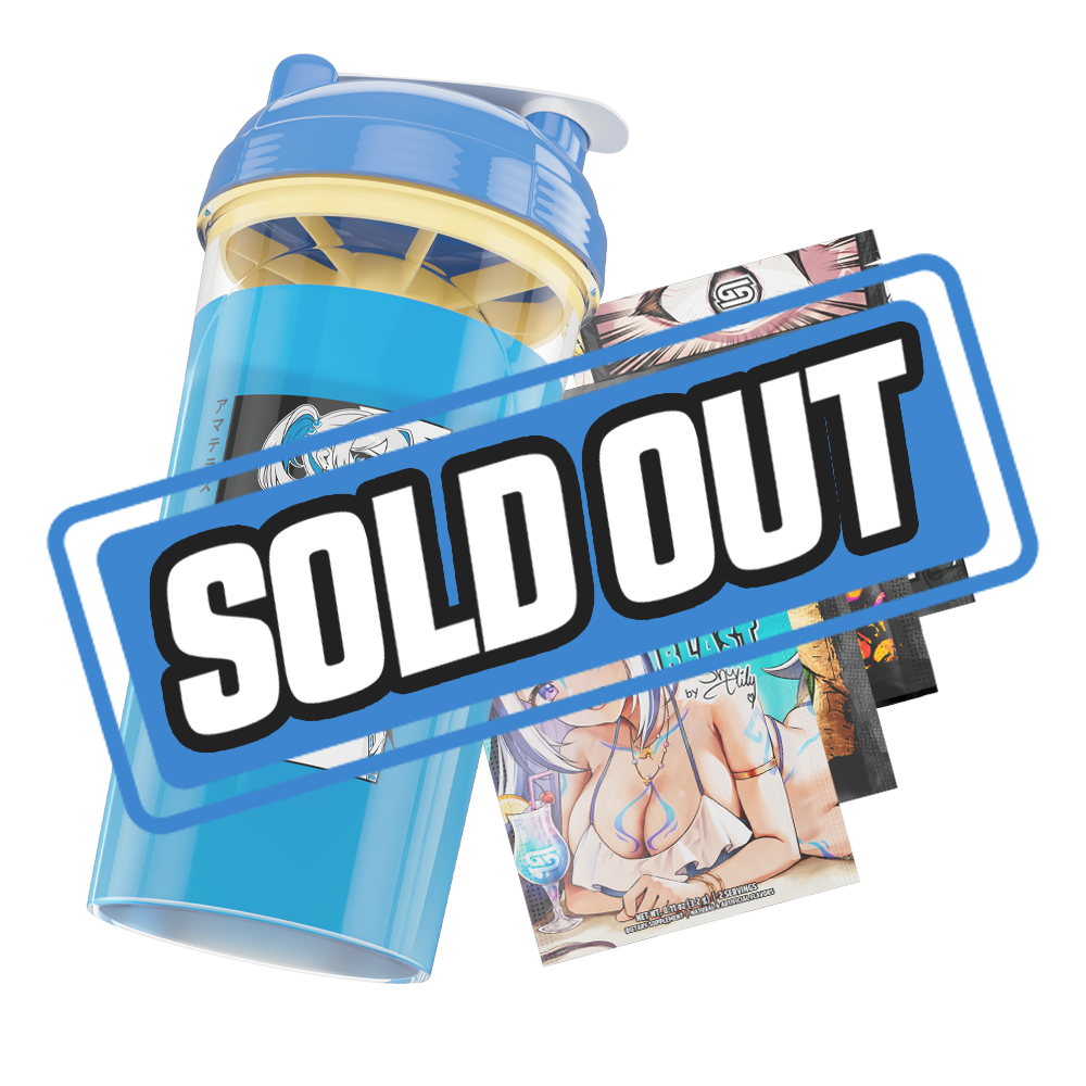 Clear shaker cup with blue lid, yellow mixing insert, and black-and-white anime girl illustration with moon background.