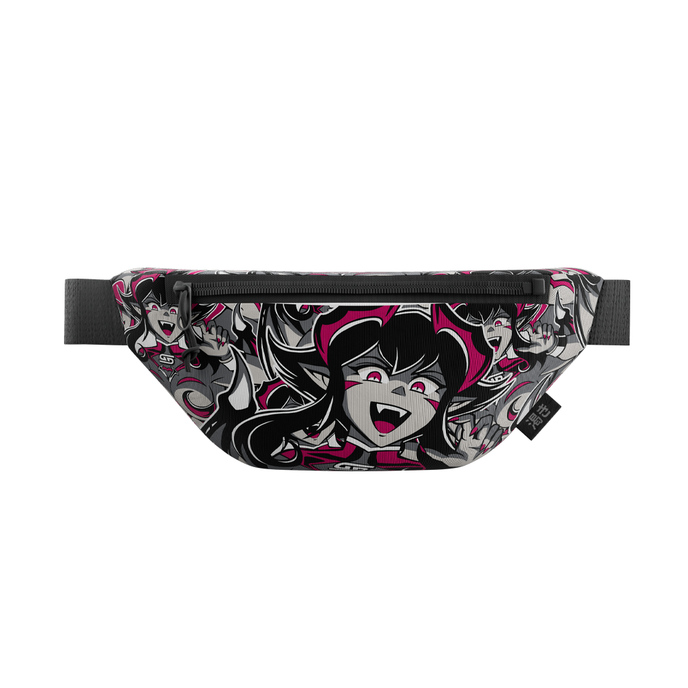 Black and gray gamer bag with pink accents featuring multiple anime-style demon girl faces and a black adjustable strap.