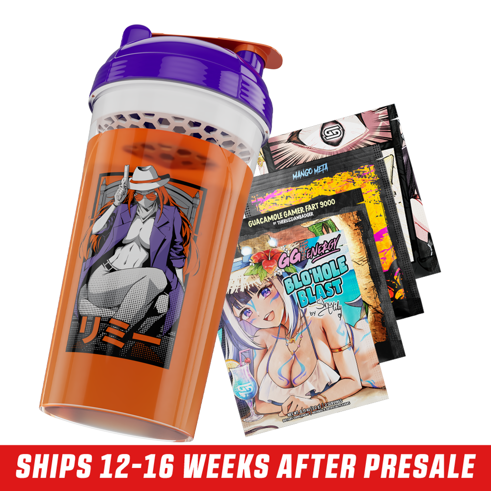 Clear shaker cup with a purple lid, orange flip cap, and a black stylized logo on the side