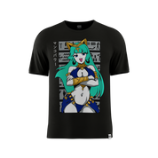 Black short-sleeve t-shirt shown from the back with a plain, smooth fabric and no visible design.