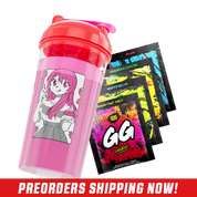 Clear shaker cup with red lid featuring black and white anime-style characters and playful doodles on the side