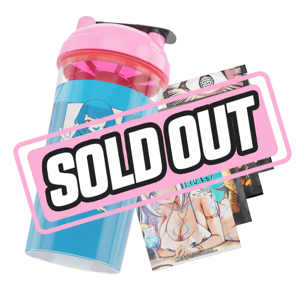Clear plastic shaker cup with a bright pink lid and a black and white stylized logo on the side