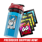 Clear plastic shaker cup with a bold black logo and a glossy red screw-on lid with a black flip cap.