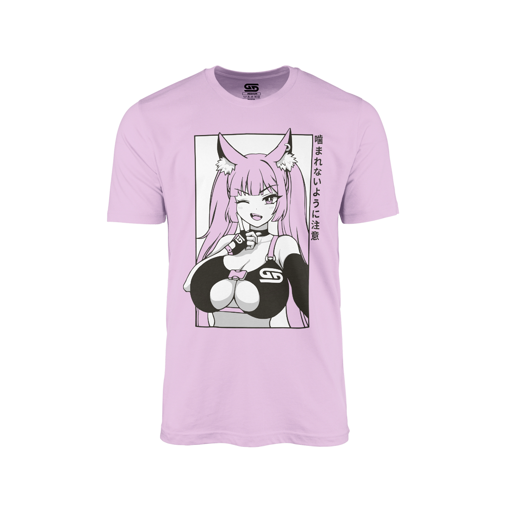 Light purple shirt with a winking anime girl with pink hair, cat ears, and black and white outfit graphic on front.