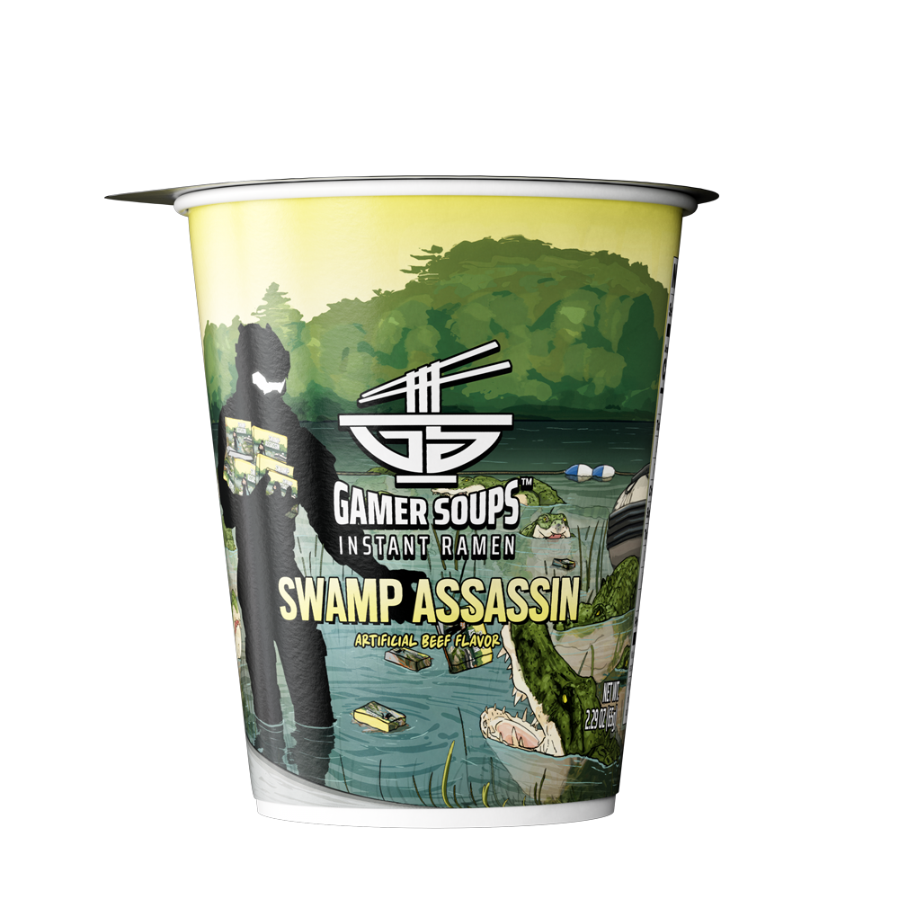 Circular label with a swamp scene, a shadowy figure, crocodile, and bold text "Swamp Assassin Artificial Beef Flavor."