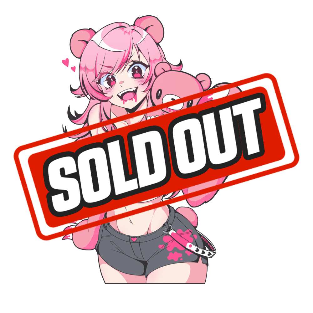 Pink-haired anime girl with bear paws and a small bear plushie, wearing a white top and black shorts decal on car window.