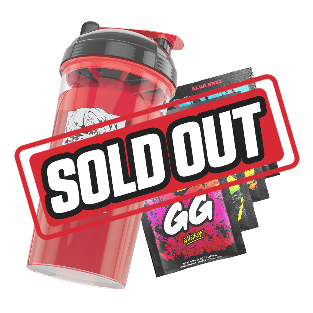 Clear shaker bottle with black and red lid and a bold black stylized "GD" logo on the side