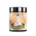 Black container with a floral label showing detailed nutrition facts and supplement directions in small text