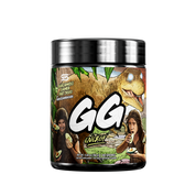 Black supplement container with detailed nutrition facts and green leafy design on the label's sides