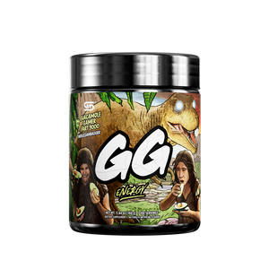 Black supplement container with detailed nutrition facts and green leafy design on the label's sides