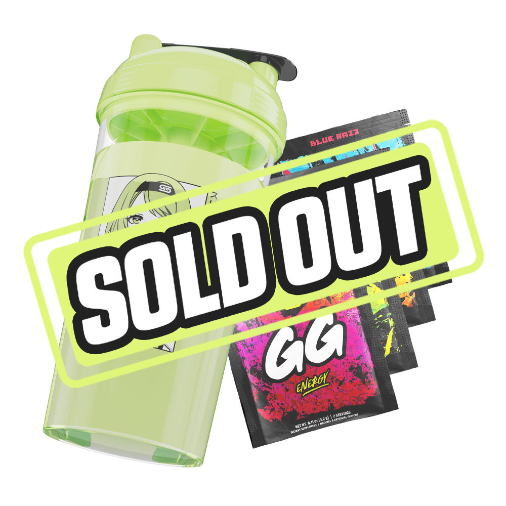 Clear shaker bottle with a lime green lid and a bold black stylized "GD" logo on the side.