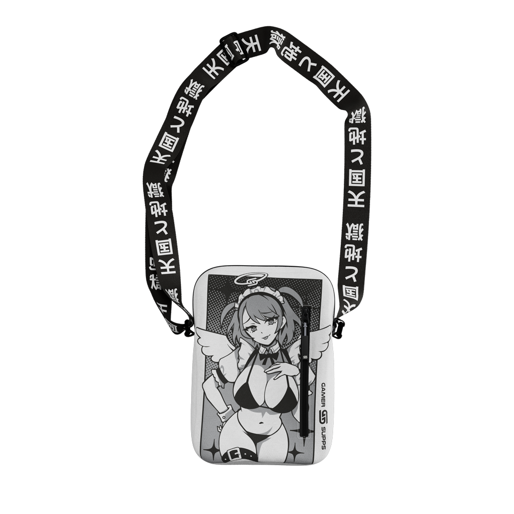 Black and white anime-style maid character with belts and thigh-high stockings on a rectangular crossbody bag.