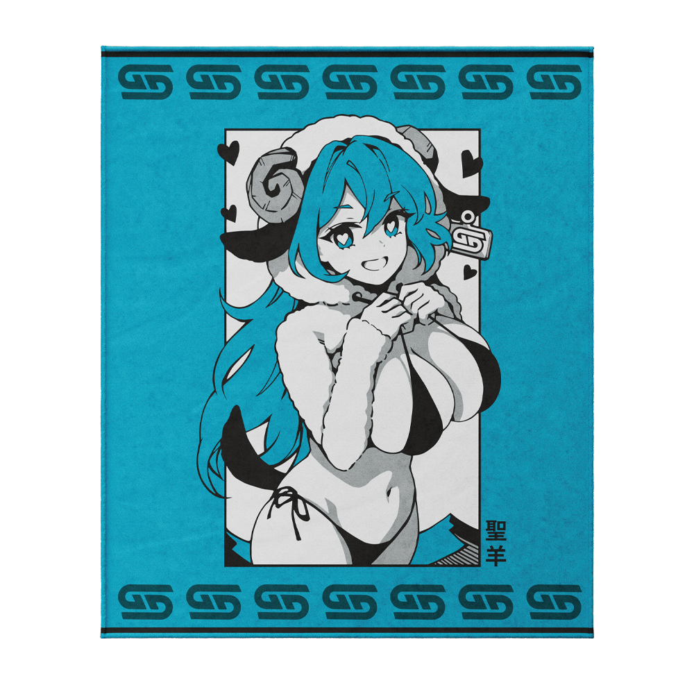 Blue blanket with an anime-style character featuring teal hair and ram horns, draped over a beige couch.