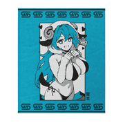Blue blanket with an anime-style character featuring teal hair and ram horns, draped over a beige couch.