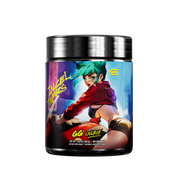 Black supplement container with detailed white nutrition facts and yellow text on a purple and blue background label.