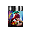 Black supplement container with detailed white nutrition facts and yellow text on a purple and blue background label.