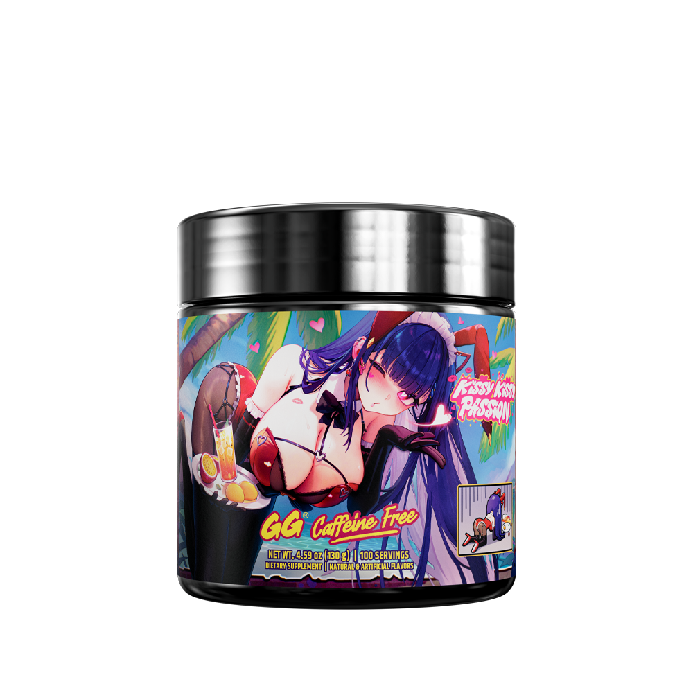 Black container with a colorful graffiti-style label showing nutrition facts and supplement directions on the back.