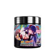 Black container with a colorful graffiti-style label showing nutrition facts and supplement directions on the back.