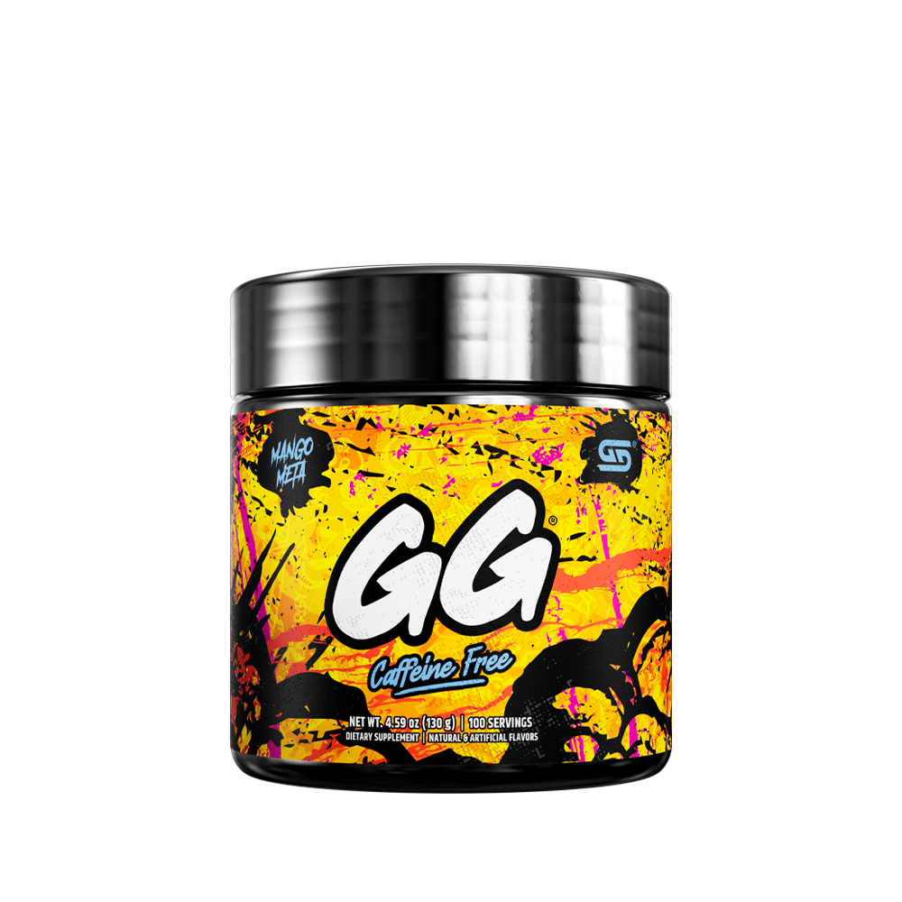 Black container with colorful splatter design and detailed white nutritional label on the back side.