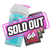 Clear shaker cup with white lid, bright pink flip cap, and bold black logo on the side