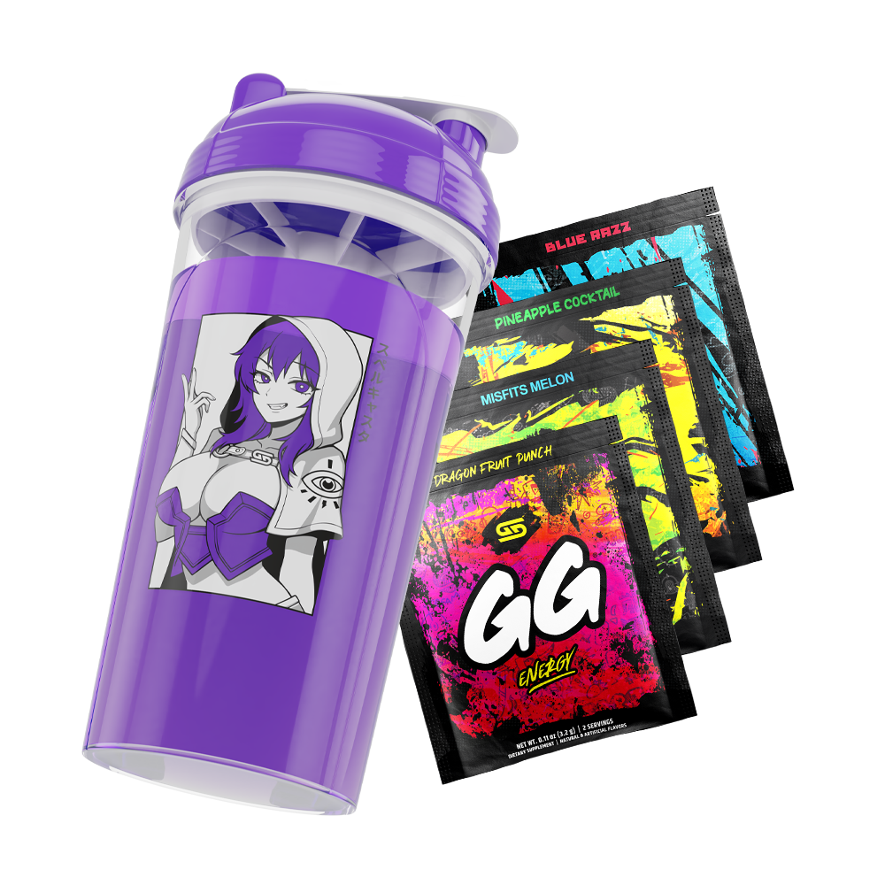 Purple shaker cup with anime character in white hood and four colorful GG Energy drink mix packets.