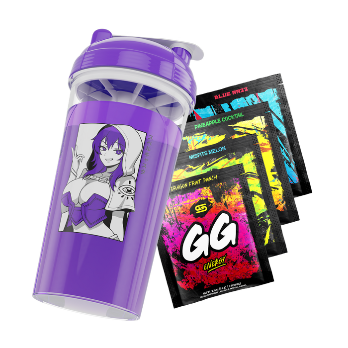 Purple shaker cup with anime character in white hood and four colorful GG Energy drink mix packets.