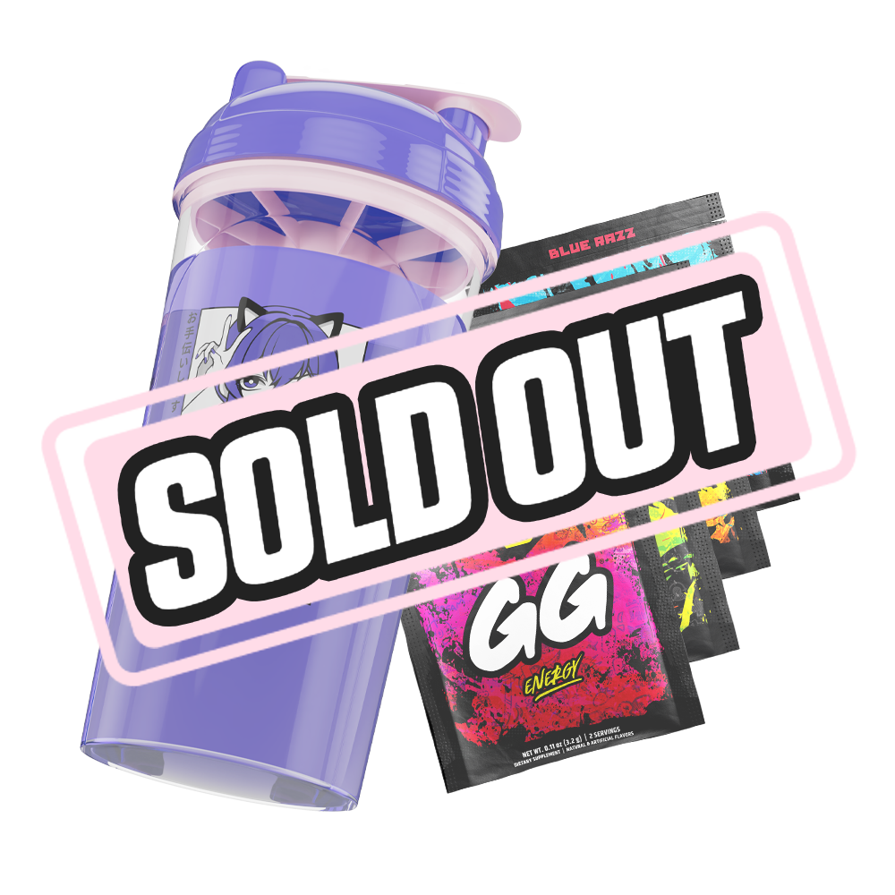 Clear shaker cup with purple lid and pink mixing insert, featuring black-and-white anime girl with cat ears and tail.