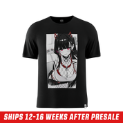 Black shirt with anime-style graphic of a girl in fishnet stockings and red accents on the back with Japanese text.