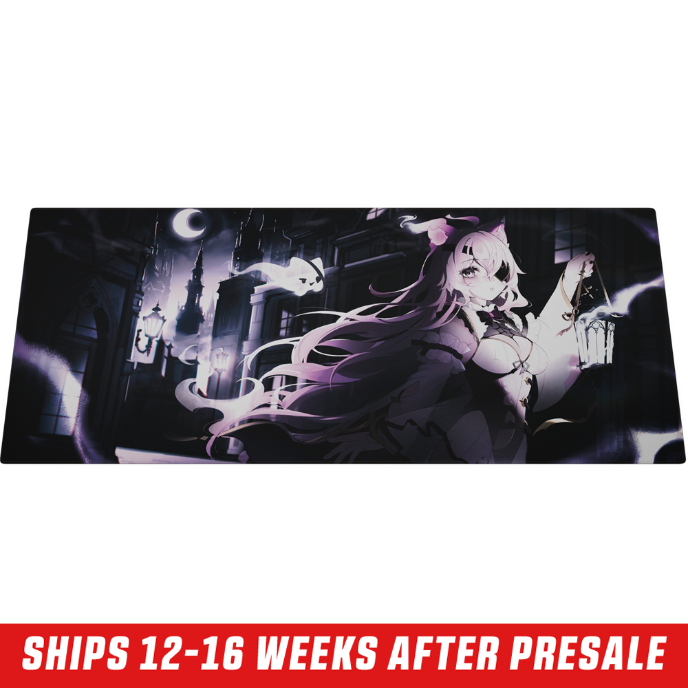 Dark fantasy cityscape mouse pad with glowing street lamps, swirling mist, and a crescent moon in purple tones.