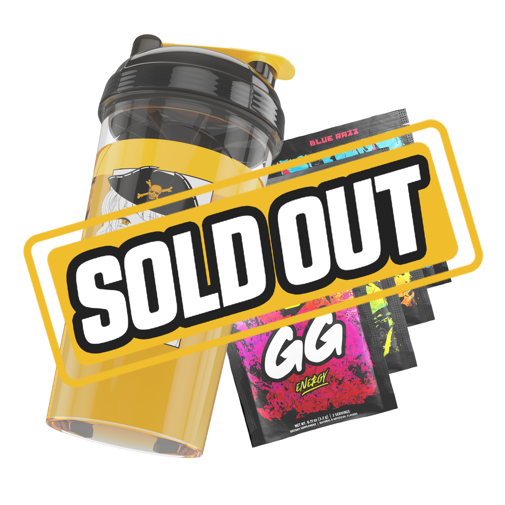 Clear shaker bottle with black lid, yellow flip cap, and bold black stylized "GD" logo on the side.